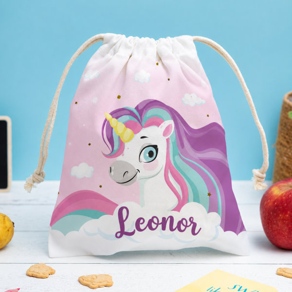Saco de Lanche Infantil Unicórnios Coloridos Personalizado