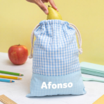 Saco de Lanche Infantil Xadrez Azul Personalizado Miniatura de Saco de Lanche Infantil Xadrez Azul Personalizado