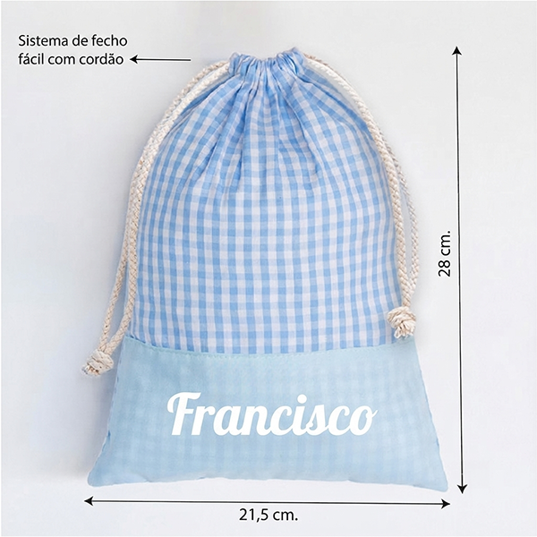 Saco de Lanche Infantil Xadrez Azul Personalizado