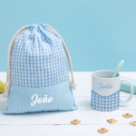 Miniatura de Saco de Lanche Infantil Xadrez Azul Personalizado