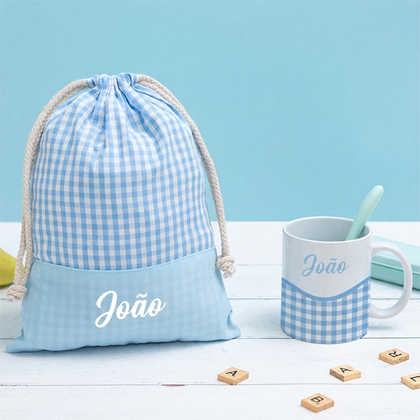 Saco de Lanche Infantil Xadrez Azul Personalizado