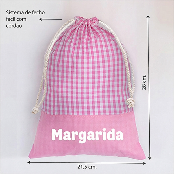Saco de Lanche Infantil Xadrez Rosa Personalizado