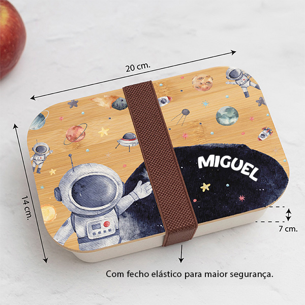 Lancheira com Tampa de Madeira Infantil Astronauta no Espaço Personalizada