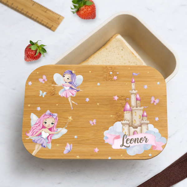 Lancheira com Tampa de Madeira Infantil Fadas Personalizada