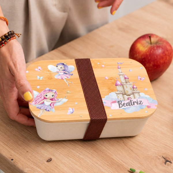 Lancheira com Tampa de Madeira Infantil Fadas Personalizada