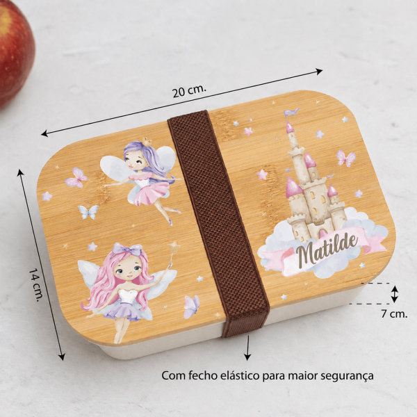 Lancheira com Tampa de Madeira Infantil Fadas Personalizada