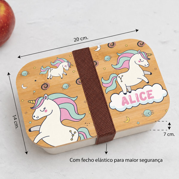 Lancheira com Tampa de Madeira Infantil Unicórnios Coloridos Personalizada