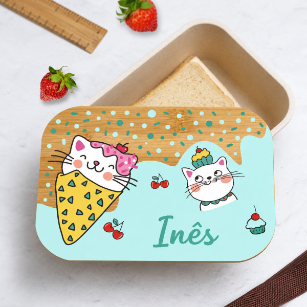 Lancheira com Tampa de Madeira Infantil Gatinhos Personalizada Lancheira com Tampa de Madeira Infantil Gatinhos Personalizada
