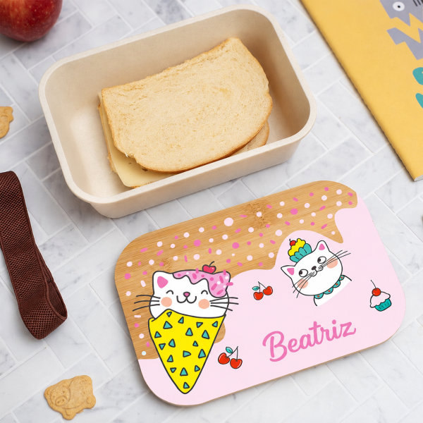 Lancheira com Tampa de Madeira Infantil Gatinhos Personalizada
