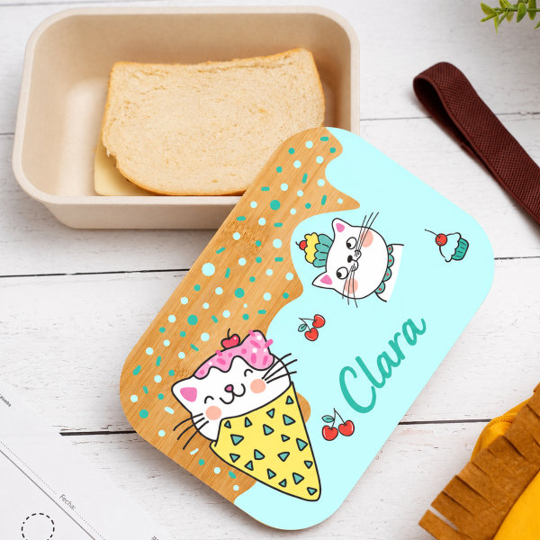 Lancheira com Tampa de Madeira Infantil Gatinhos Personalizada