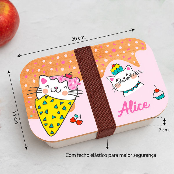 Lancheira com Tampa de Madeira Infantil Gatinhos Personalizada