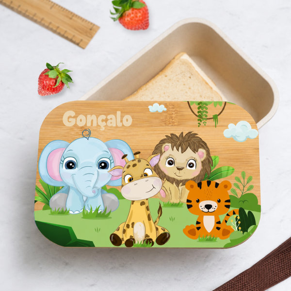 Lancheira com Tampa de Madeira Infantil Animais da Selva Personalizada