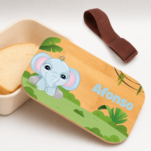 Lancheira com Tampa de Madeira Infantil Animais da Selva Personalizada