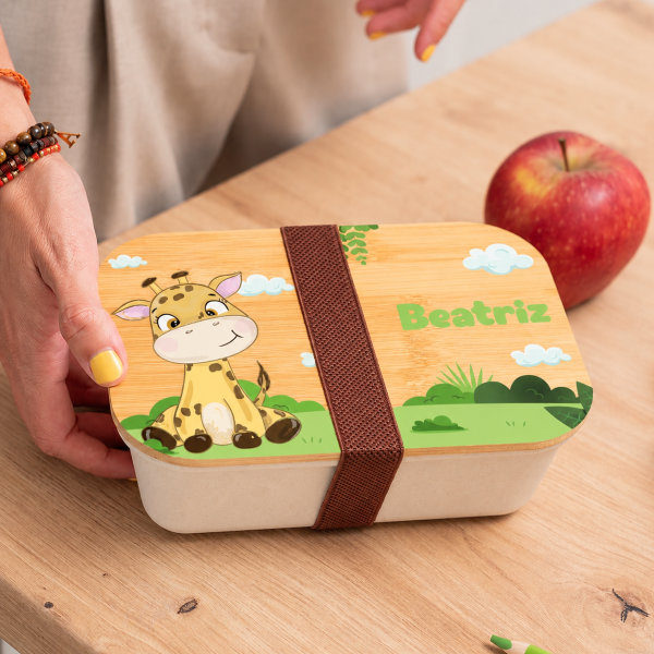 Lancheira com Tampa de Madeira Infantil Animais da Selva Personalizada