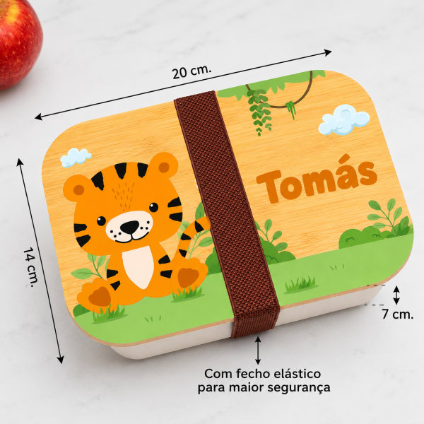 Lancheira com Tampa de Madeira Infantil Animais da Selva Personalizada