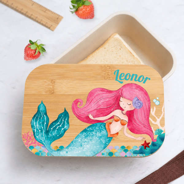 Lancheira com Tampa de Madeira Infantil Sereia Personalizada