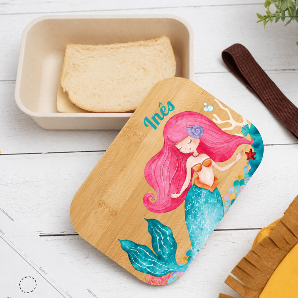 Lancheira com Tampa de Madeira Infantil Sereia Personalizada