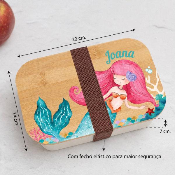 Lancheira com Tampa de Madeira Infantil Sereia Personalizada