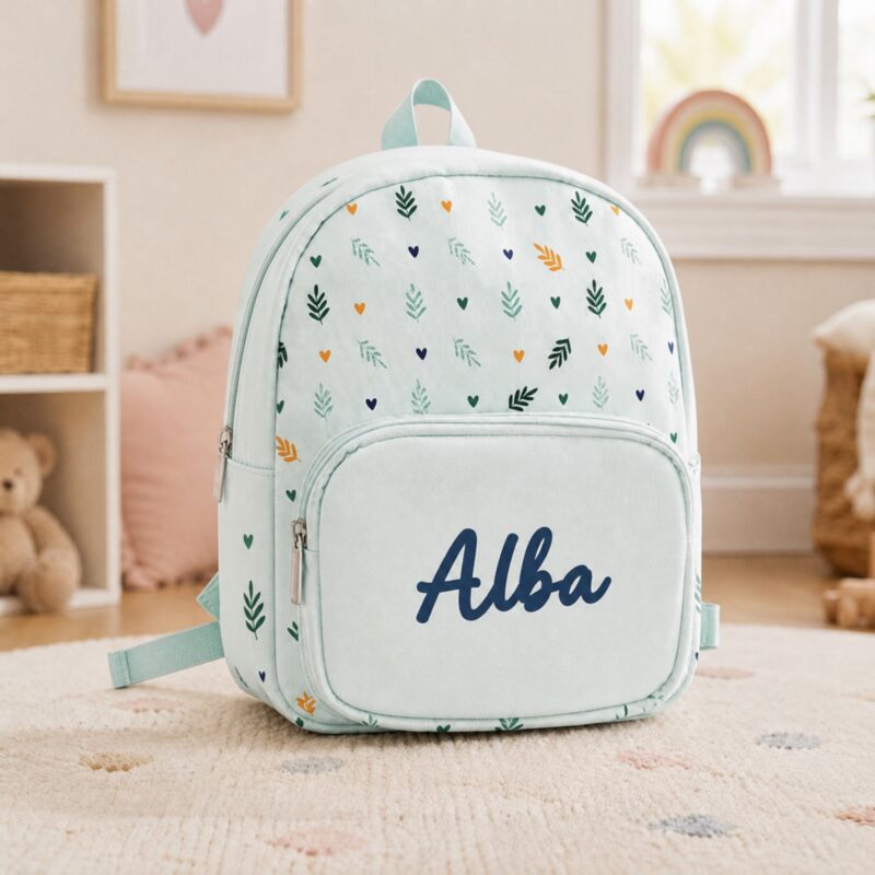 Mochila Infantil Verde com Folhas e Nome personalizado