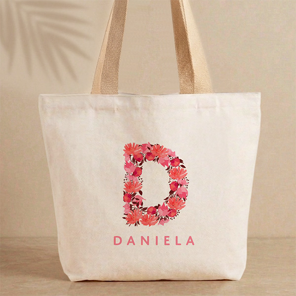 Tote Bag Inicial de Flores com Nome Personalizado