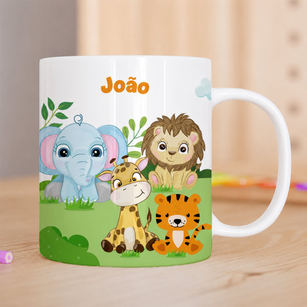 Caneca Infantil Inquebrável Animais da Selva com Nome personalizada