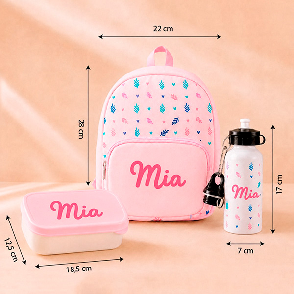 Pack Escolar Infantil Rosa com Folhas e Nome personalizado