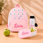 Miniatura de Pack Escolar Infantil Rosa com Folhas e Nome personalizado