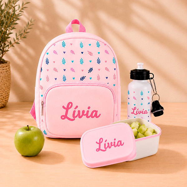 Pack Escolar Infantil Rosa com Folhas e Nome personalizado