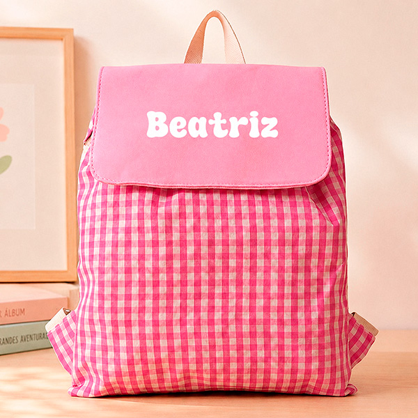 Mochila Saco Infantil Xadrez Rosa Personalizada