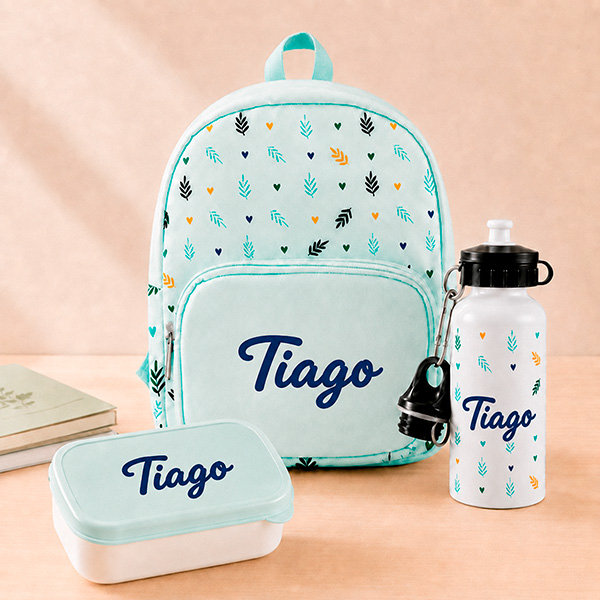 Pack Escolar Infantil Verde com Folhas e Nome personalizado