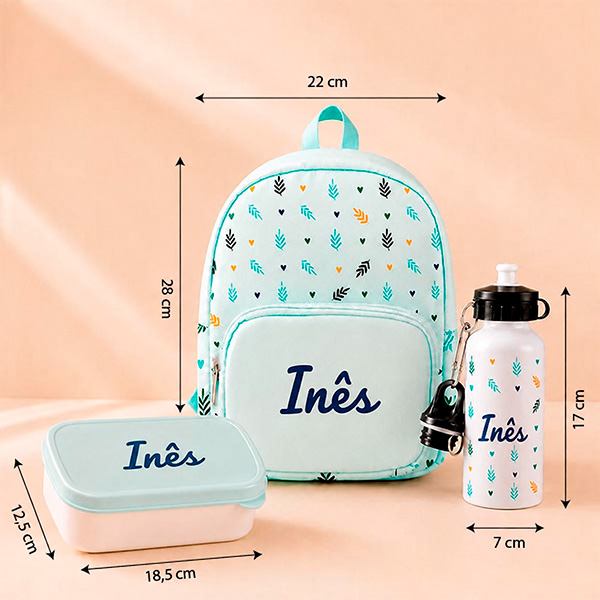 Pack Escolar Infantil Verde com Folhas e Nome personalizado