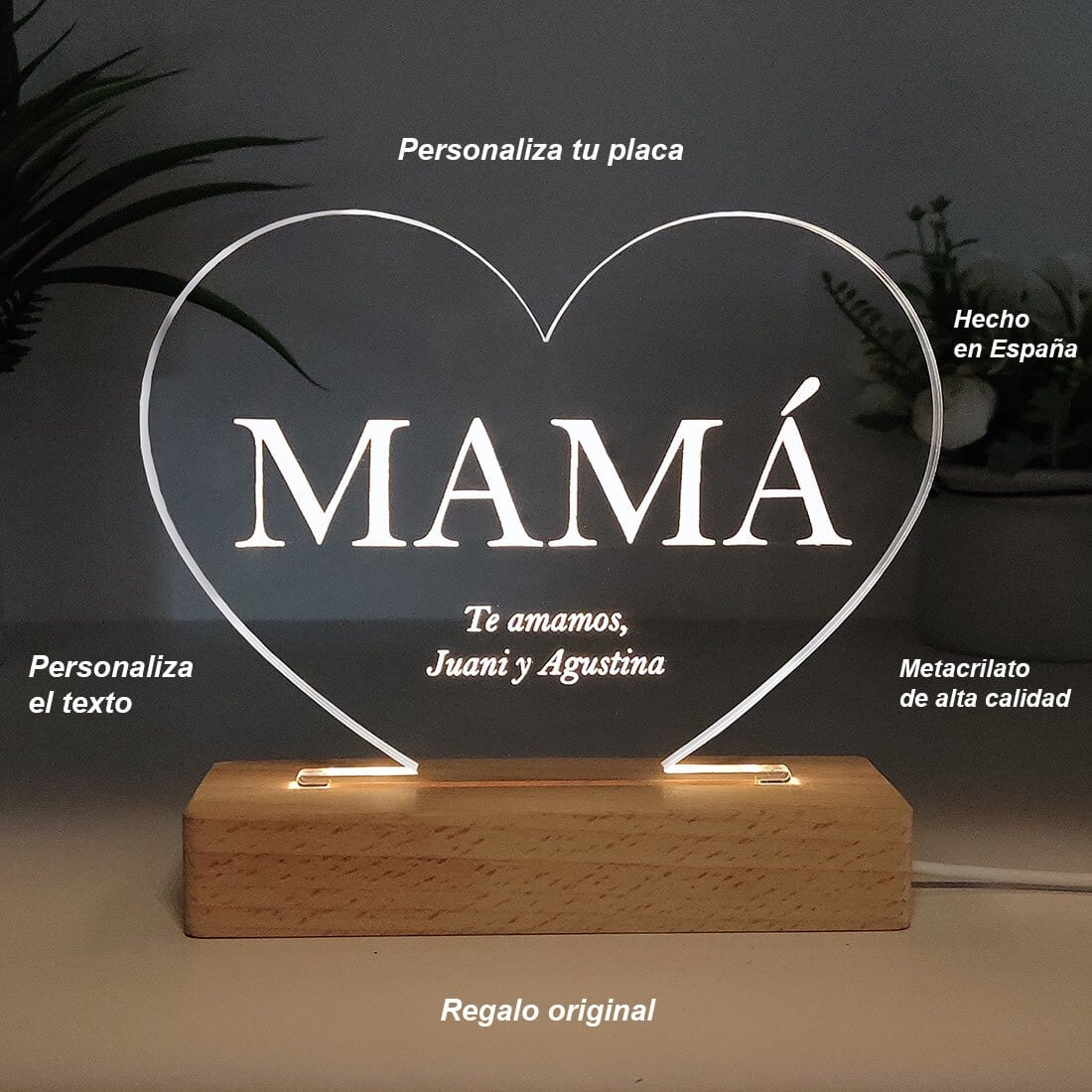 Lámpara Mamá con forma de corazón personalizada