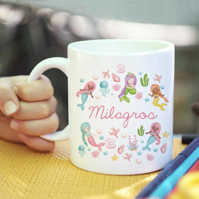 Taza Infantil Irrompible Sirenitas y Mar con Nombre personalizada