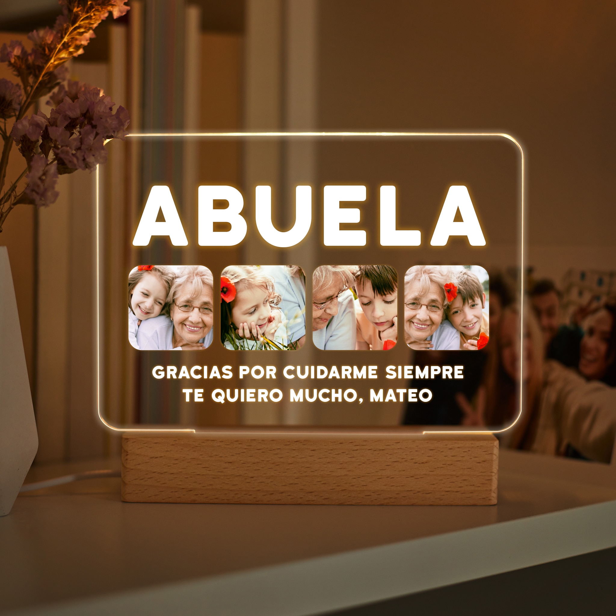 Lámpara Abuela con Cuatro Fotos y Texto personalizada