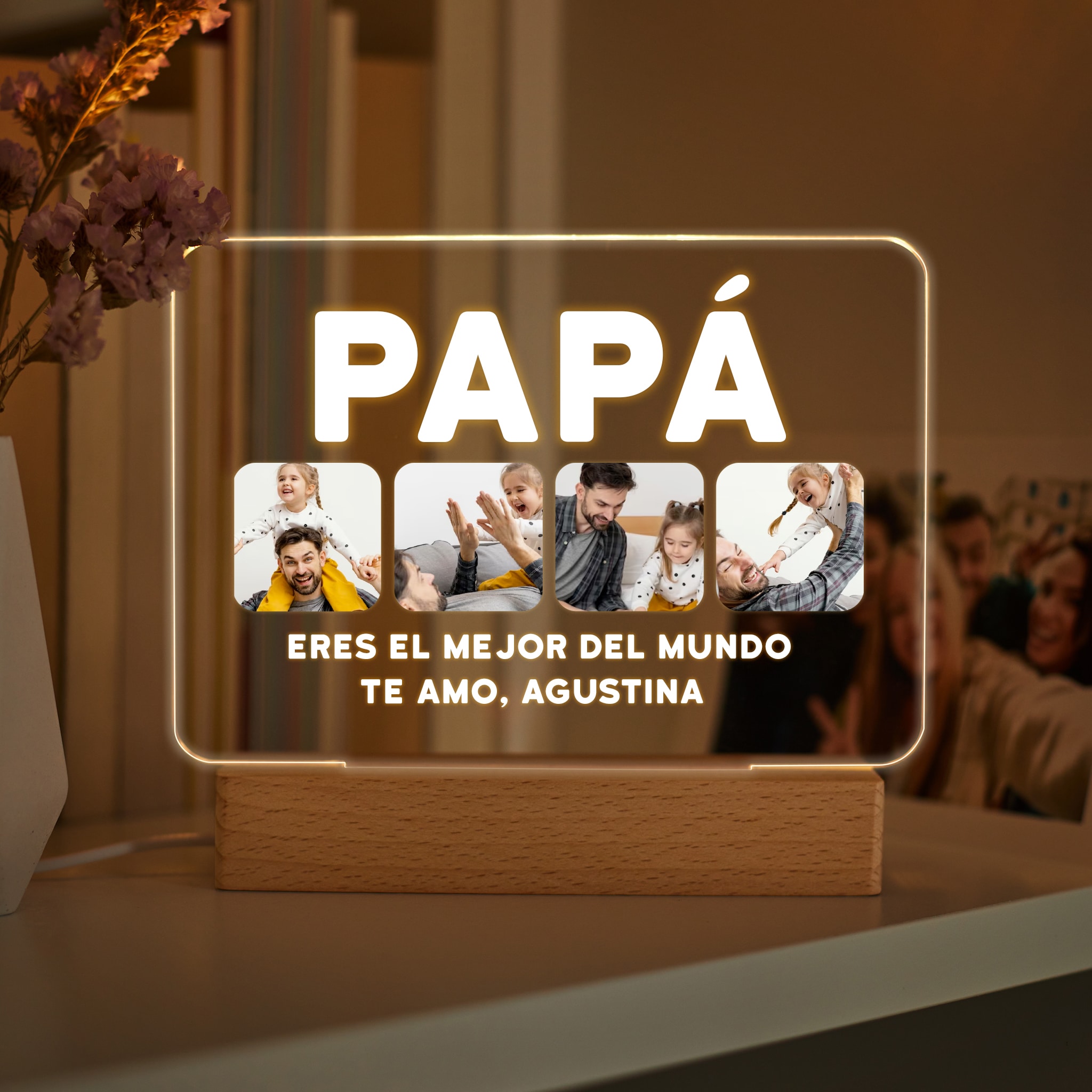 Lámpara Papá con Cuatro Fotos y Texto personalizada