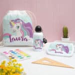 Miniatura de Mochila Saco Infantil Unicornios Coloridos personalizada