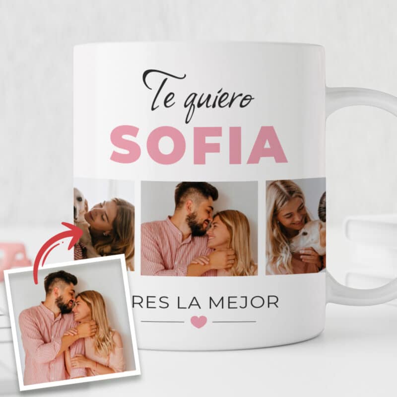 Taza Dedicatoria con 3 Frases y 3 Fotos personalizada