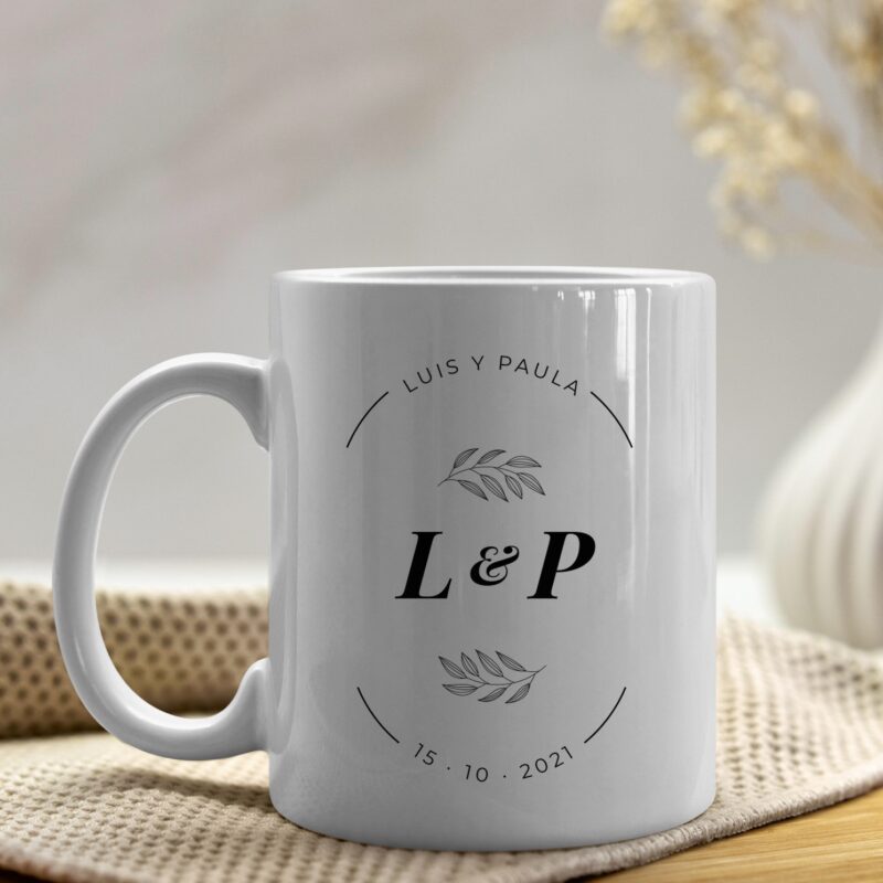 Taza Enlace de Boda con Iniciales, Nombres y Fecha personalizada