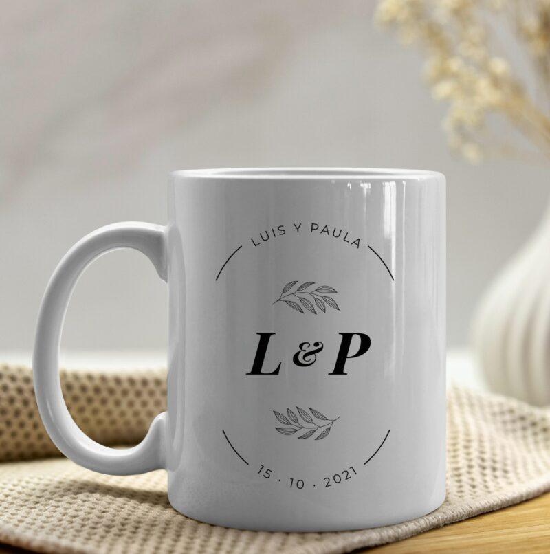 Taza Enlace de Boda con Iniciales, Nombres y Fecha personalizada