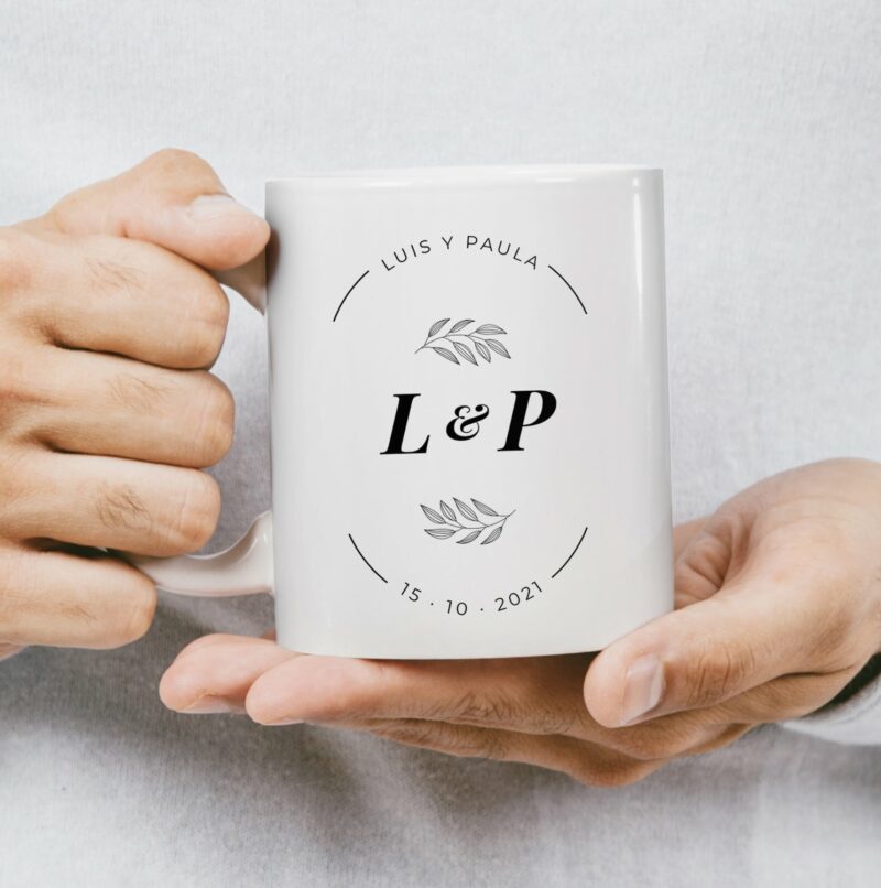 Taza Enlace de Boda con Iniciales, Nombres y Fecha personalizada