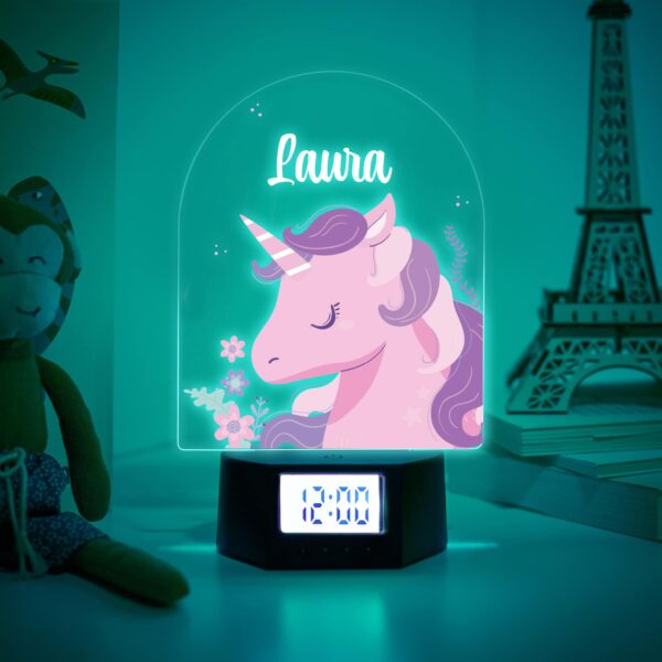 Reloj Despertador Infantil con Luz Unicornio Personalizado