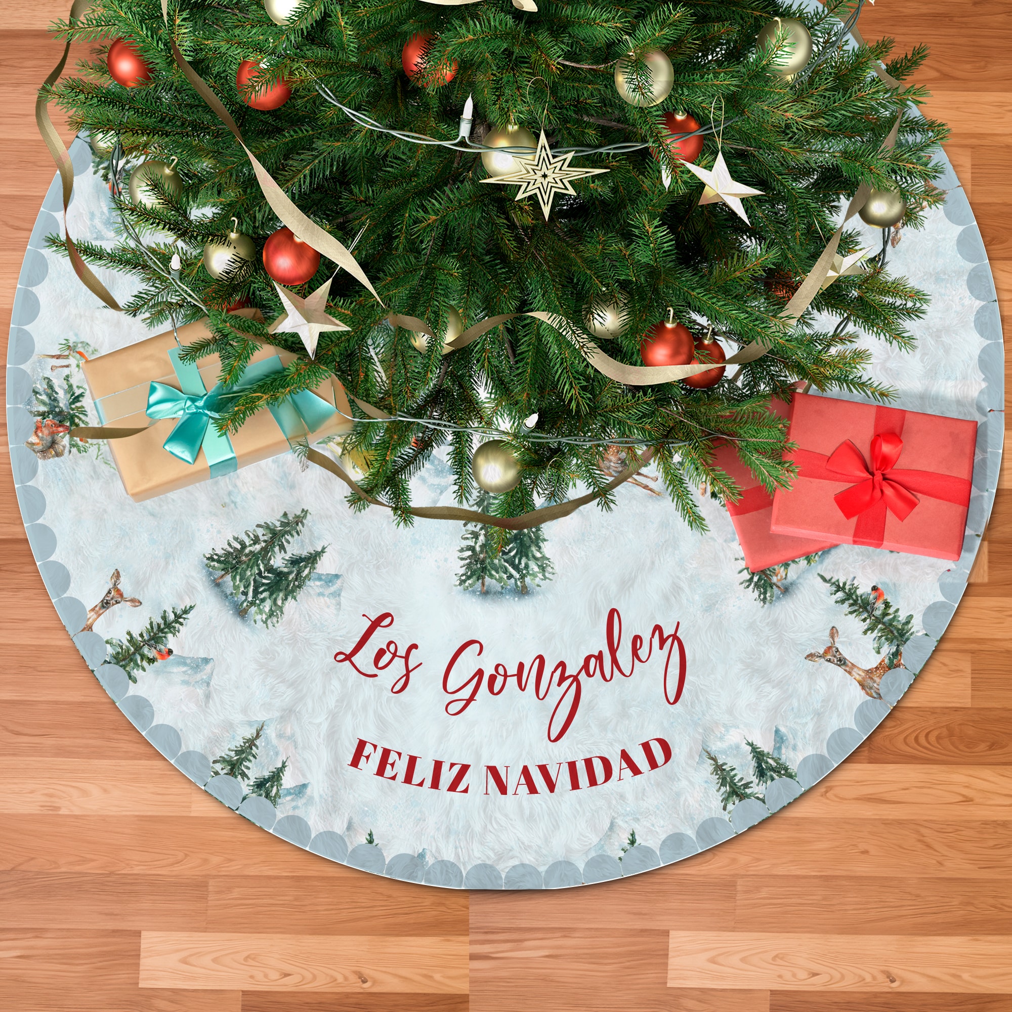 Falda para Árbol de Navidad Pinos Navideños con Nombre personalizada