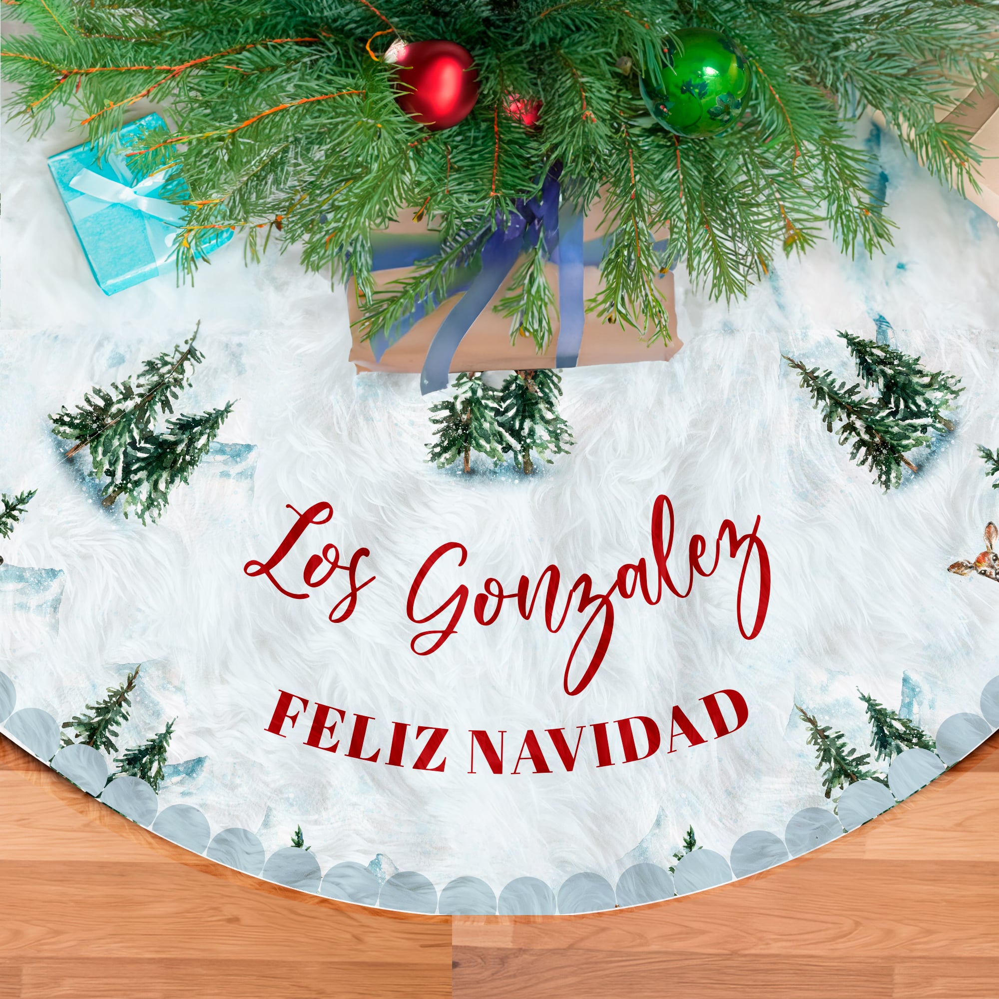 Falda para Árbol de Navidad Pinos Navideños con Nombre personalizada