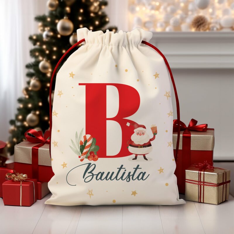 Saco Regalos de Navidad Papá Noel con Inicial y Nombre Personalizado