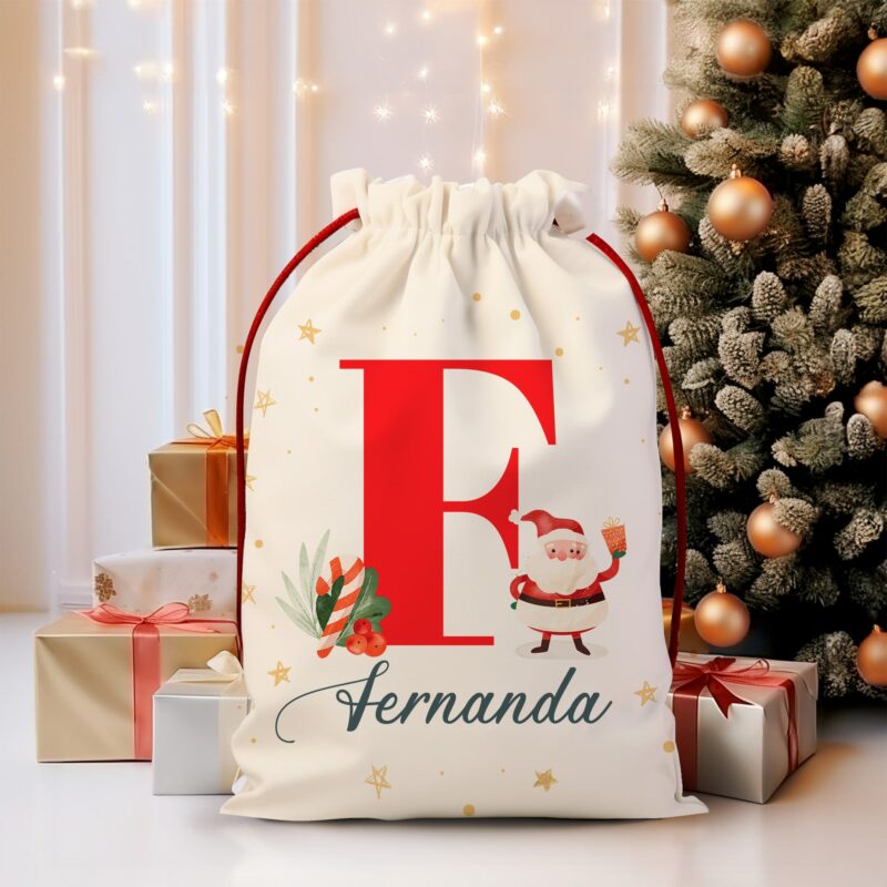 Saco Regalos de Navidad Papá Noel con Inicial y Nombre Personalizado