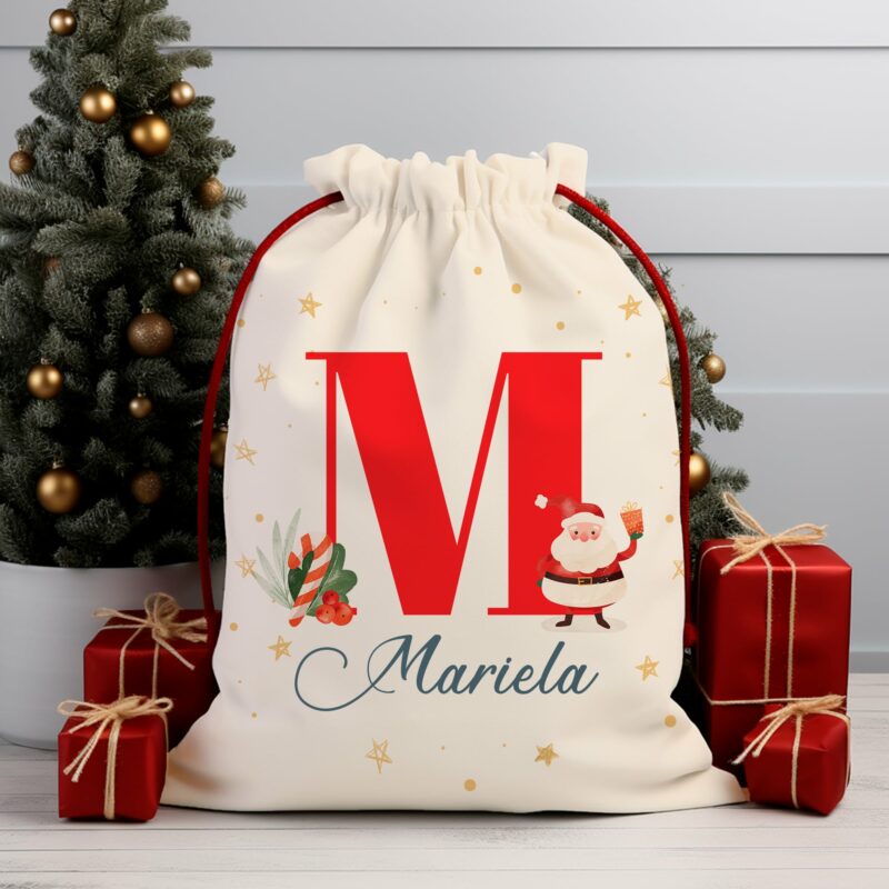 Saco Regalos de Navidad Papá Noel con Inicial y Nombre Personalizado