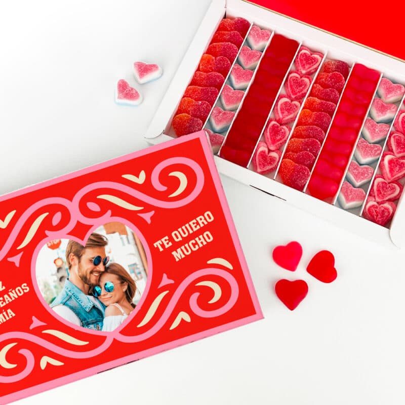 Caja de Bombones o Chuches Corazón con Foto y Textos personalizada