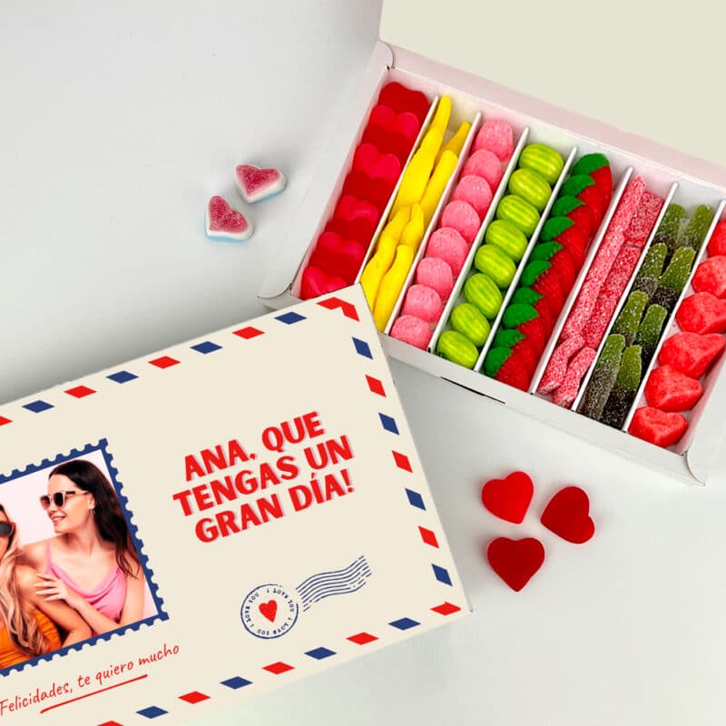 Caja de Bombones o Chuches Postal con Foto y Textos personalizada