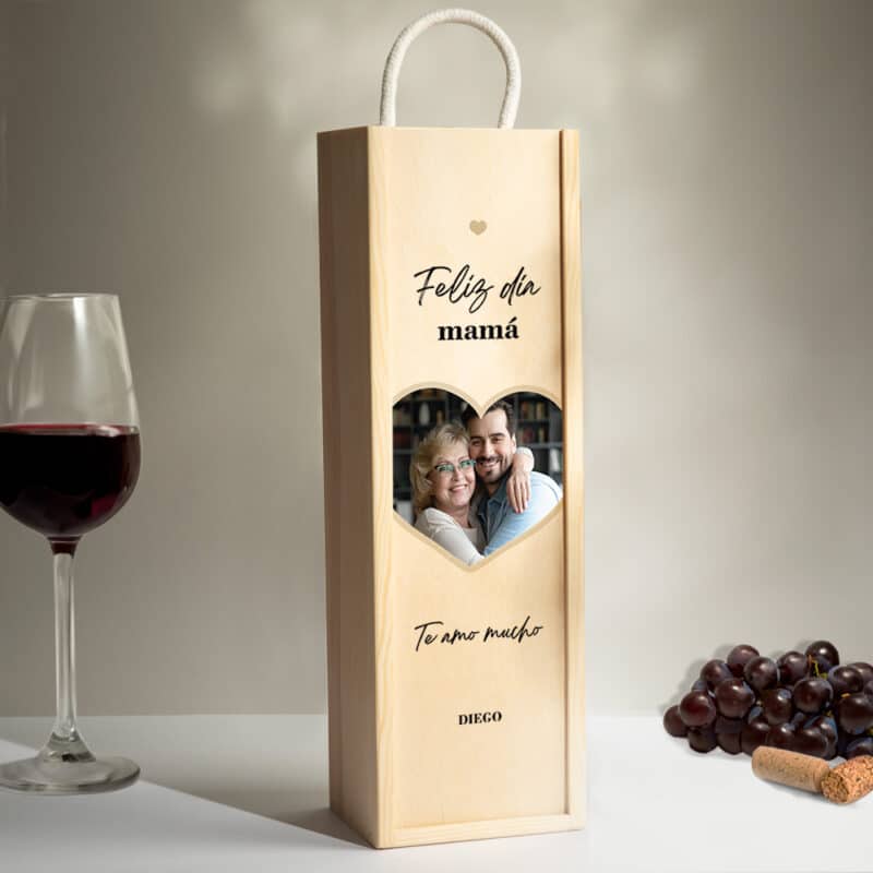 Caja de Vino Corazón con Foto y Texto personalizada