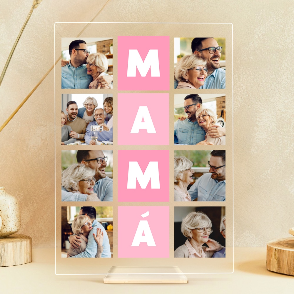 Placa Cubos Rosas Mamá con Ocho Fotos personalizada